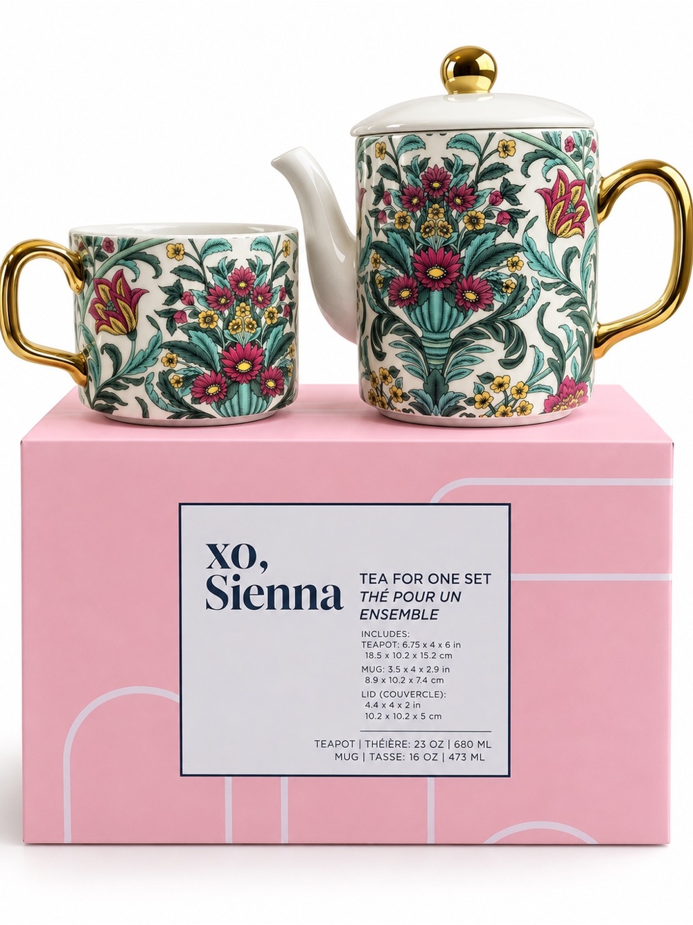 XO, Sienna Tea for One Stoneware Set Floral Teapot & Mug Gold Accents NIB